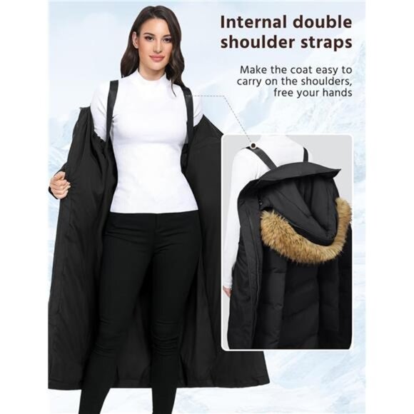 Women's Long Winter Puffer Coat Faux Fur Quilted Jacket with Detachable Hood - Picture 2 of 6